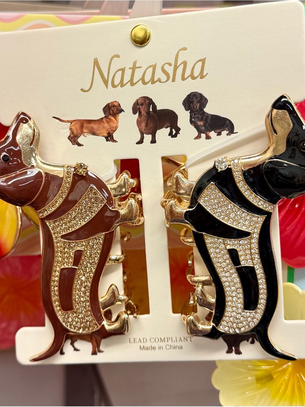 Natasha Dachshund Dog CLAW HAIR CLIPS - Brown & Black with Gold Accents